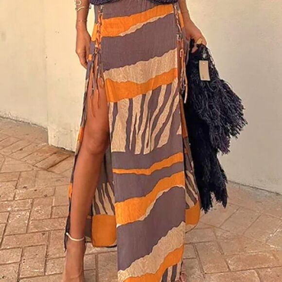 Dresses & Skirts - Orange, Khaki, And Brown Ethnic Patterned Women's Skirt